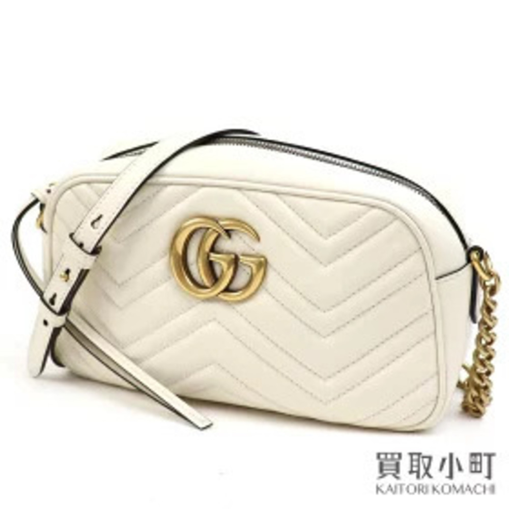 Gucci GG Marmont Shoulder Bag White Leather Quilted Chevron Chain Clutch